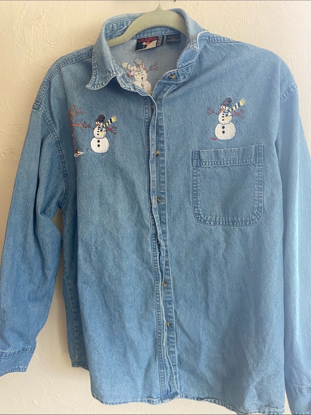 90’s Embroidered Snowman Light Blue Denim Button-Down Shirt